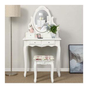 ZAZA Home kaptafel met spiegel en - Krukje- 4 lades incl -2 tussenschotten- wit -75 x 139 x 40 cm-Make up tafel
