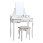 Make-Uptafel Met Grote En Frameloze Spiegel, Moderne Kaptafel, Afneembare Organizer, Kruk Van Rubberhout, 5 Laden, Voor Slaapkamer, Garderobe, Wit