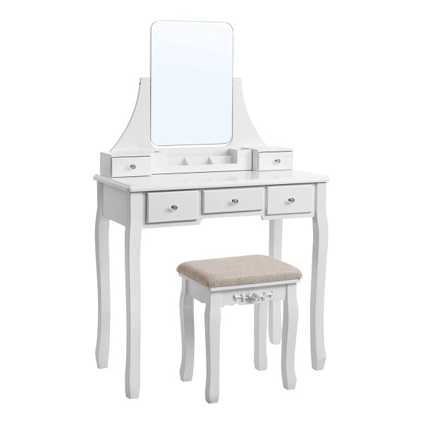Make-Uptafel Met Grote En Frameloze Spiegel, Moderne Kaptafel, Afneembare Organizer, Kruk Van Rubberhout, 5 Laden, Voor Slaapkamer, Garderobe, Wit