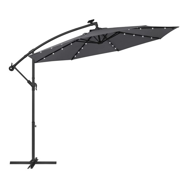Parasol Met Led-Verlichting Op Zonne-Energie, Verkeerslichtparasol, Tuinparasol, 32 Led-Lampjes, Ø 3 M, Met Standaard, Uv-Bescherming Tot Upf 50+, Met Zwengel, Voor Tuin, Terras, Grijs