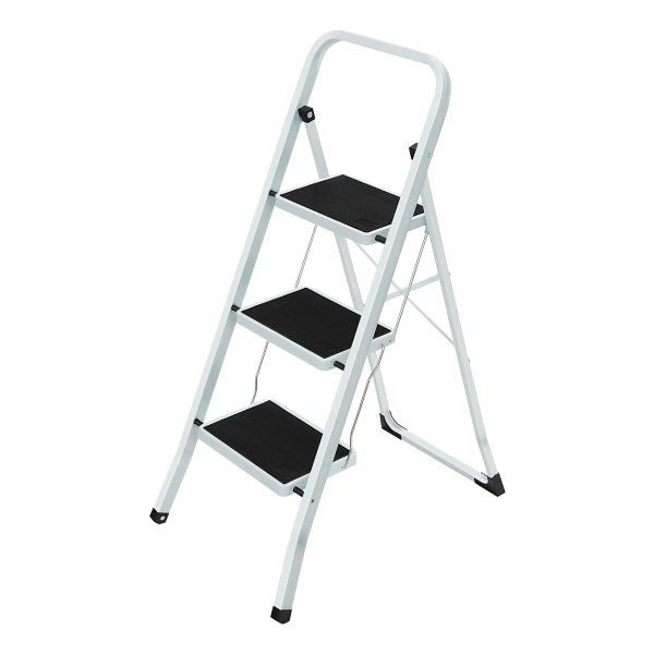 Klaptrede Met 3 Treden, Trapladder, Ladder, 20 Cm Brede Treden, Antislip Rubberen Matten, Met Leuning, Belastbaar Tot 150 Kg, Gemaakt Van Staal, Getest Door Sgs, Wit-Zwart