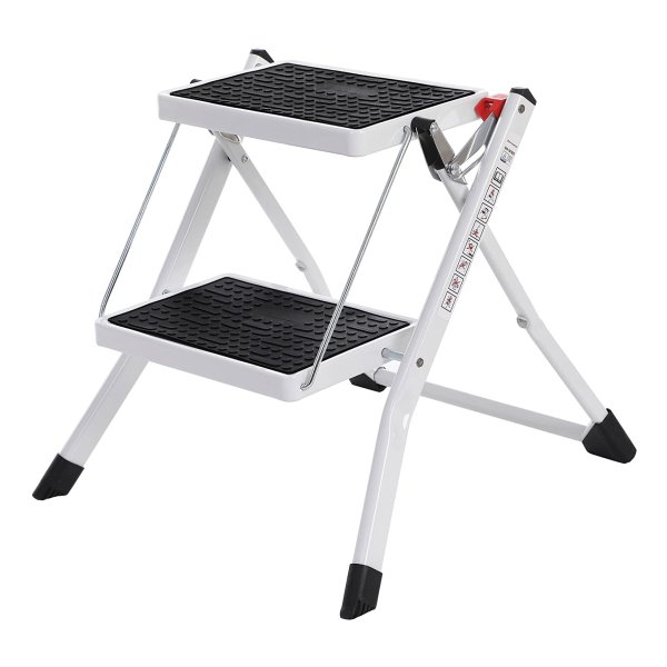 Klaptrede Met 2 Treden, Trapladder, Ladder, 20 Cm Brede Treden, Antislip Rubberen Mat, Met Handvat, Belastbaar Tot 150 Kg, Gemaakt Van Staal, Gecertificeerd Door Tüv Gs, Wit-Zwart