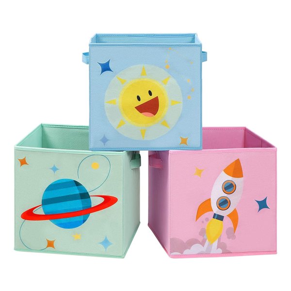 Opbergboxen, Set Van 3, Speelgoed Organizer, Vouwboxen, Stoffen Dozen Met Handvaten, Voor Kinderkamers, Speelkamers, 30 X 30 X 30 Cm, Met Ruimte Motieven, Blauw, Groen En Roze