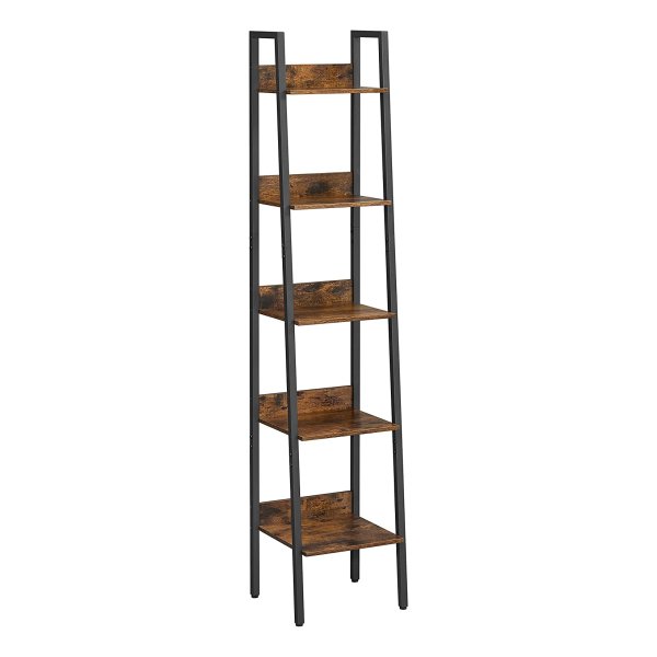 Boekenkast, Ladder Plank Met 5 Planken, Open, Vloer Plank, Smal, Voor Woonkamer, Slaapkamer, Keuken, Kantoor, Metalen Frame, İndustrieel Ontwerp, Vintage Bruin-Zwart
