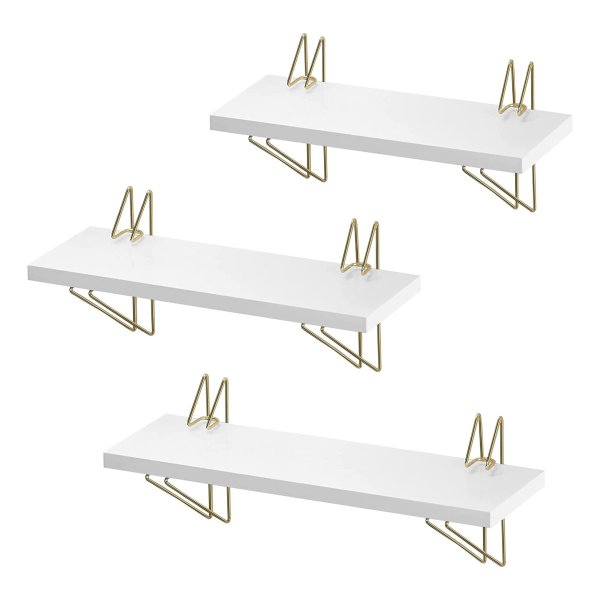 Wandrek 3-Delige Set, Zwevende Plank, Metalen Frame, Moderne Stijl, Voor Woonkamer, Slaapkamer, Keuken, Wit-Goud
