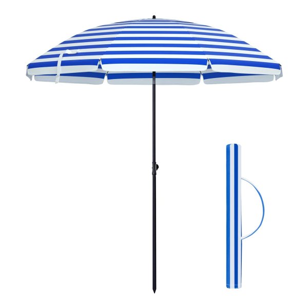 Tuinparasol, Achthoekig, 200 Cm, Polyester Doek Met Glasvezel Baleinen, Knikfunctie, Met Draagtas, Geschikt Voor Tuin, Balkon, Zwembad - Blauw Gestreept