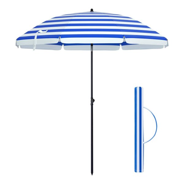 Parasol, Marktparasol, Achthoekige Tuinparasol, Parasol Ribben Van Glasvezel, Met Draagtas, Blauw-Wit Gestreept