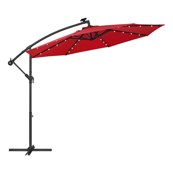 Parasol Met Led-Verlichting Op Zonne-Energie, Verkeerslichtparasol, Tuinparasol, 32 Led-Lampjes, Ø 3 M, Met Standaard, Uv-Bescherming Tot Upf 50+, Met Zwengel, Voor Tuin, Terras, Rood