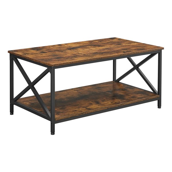 Woonkamertafel, Salontafel, X-Vormige Stangen, Met Stalen Frame En Planken, İndustrieel Design, Landelijke Stijl, Vintage Bruin-Zwart
