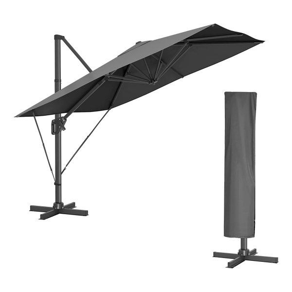 Rookgrijs Zweefparasol 290 X 290 Cm - Upf 50+ Uv-Bescherming, 360° Draaibaar, Hellingshoek Verstelbaar, Met Standaard, Bevestigingsriemen En Afdekking