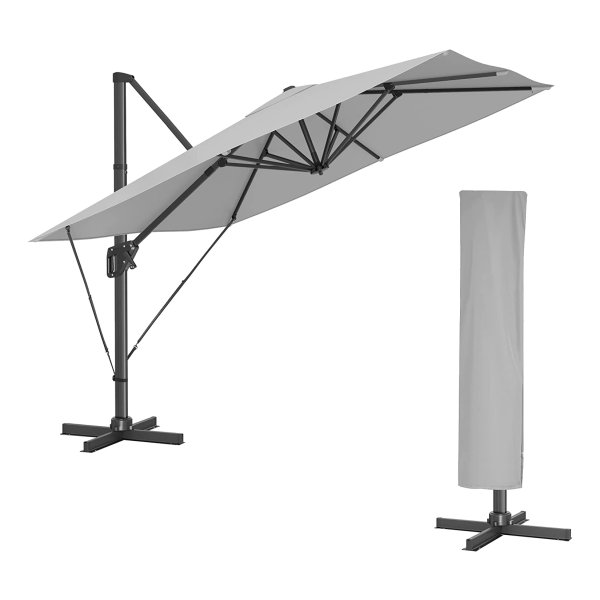 Zweefparasol Met Upf 50+ Uv-Bescherming, 360° Draaibaar, Hellingshoek Verstelbaar, Standaard, Bevestigingsriemen En Afdekking, Lichtgrijs