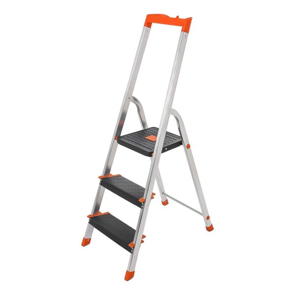 Aluminium Ladder Met 3 Treden, 12 Cm Brede Ribbels, Anti-Slip Voeten, Leuning, Gereedschapsschaal, 150 Kg Belastbaar, Zwart-Oranje