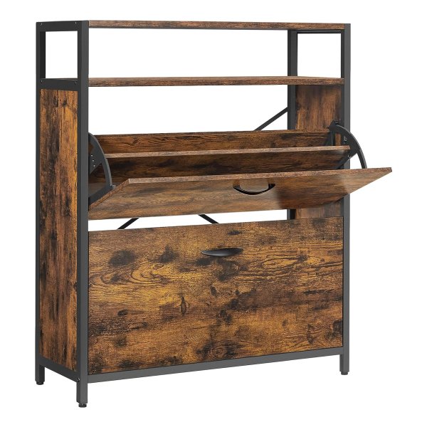 Vintage Bruin-Zwarte Schoenenkast Met 2 Kleppen, Schoenenrek, Schoenenkantelaar, 2 Vakken En Planken - Ruimtebesparend Voor 10-16 Paar Schoenen