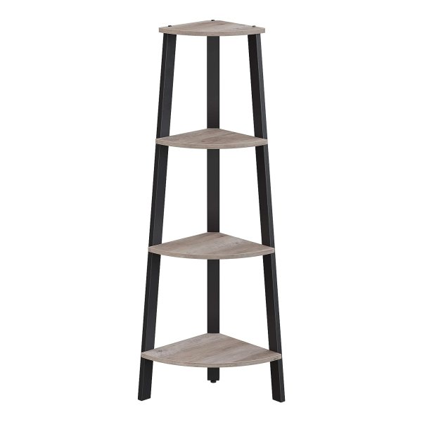 Hoekplank, boekenkast met 4 niveaus ladderplank, opbergplank, plantenplank voor woonkamer, industrieel ontwerp met stalen frame, grijs en zwart