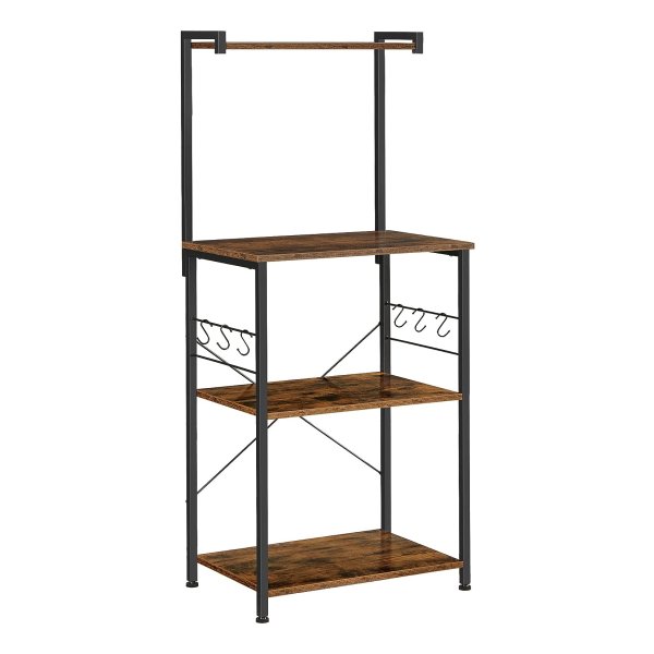 Keukenorganizer 3-stappenrek, 6 S-haken voor magnetron, broodrooster, kruidenpotten, potten en pannen, industrieel, rustiek bruin en zwart KKS023B01