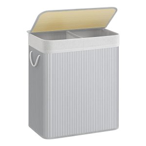 Wasmand met deksel, wasverzamelaar 2 compartimenten, gemaakt van bamboe, wassorteerder, wasbox, waszak uitneembaar, katoenen handvaten, 100 liter, grijs
