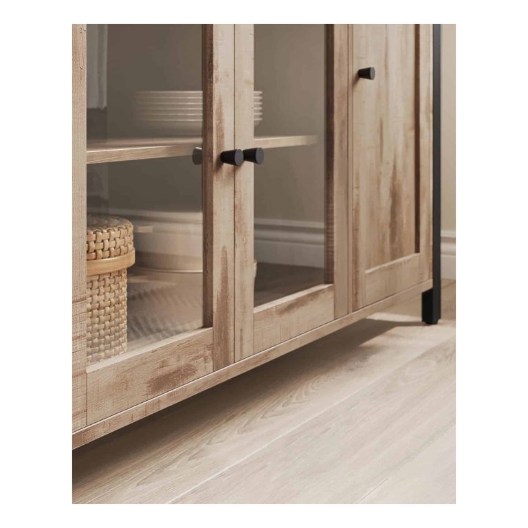 Dressoir, Keukenkast, Opbergkast, Met Glazen Deuren, Voor Woonkamer Keuken Eetkamer Stalen Frame Industriele Stijl Vintage Bruinzwart Lsc099b01