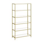 Rek met 6 planken, badkamerrek, gehard glas, eenvoudige montage, voor badkamer, woonkamer, keuken, kantoor, transparant metallic goud