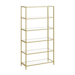 Rek met 6 planken, badkamerrek, gehard glas, eenvoudige montage, voor badkamer, woonkamer, keuken, kantoor, transparant metallic goud