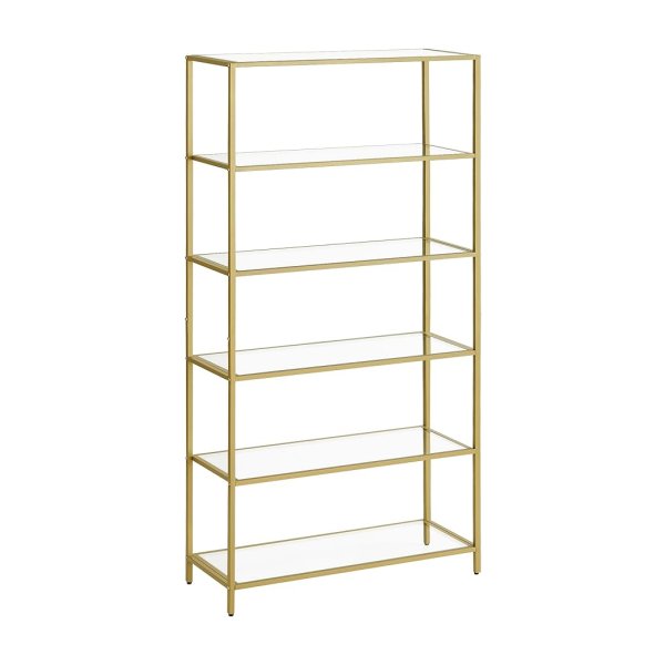 Rek met 6 planken, badkamerrek, gehard glas, eenvoudige montage, voor badkamer, woonkamer, keuken, kantoor, transparant metallic goud