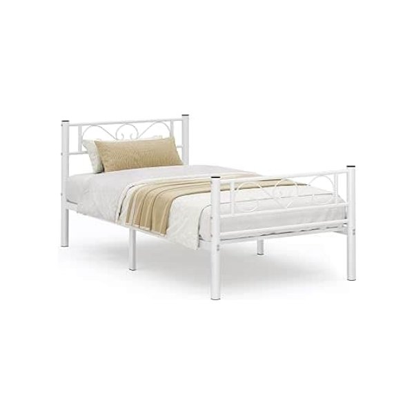 Metalen bedframe van een enkel bed frame, geschikt voor een matras van 90 x 190 cm, voor volwassenen en kinderen, geen doosveer vereist, gemakkelijke montage, voor kleine ruimtes, wit