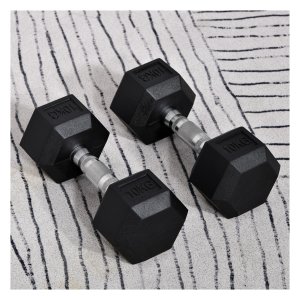 Dumbbells - rubberen gewichtsschijven - halterstang - zwart