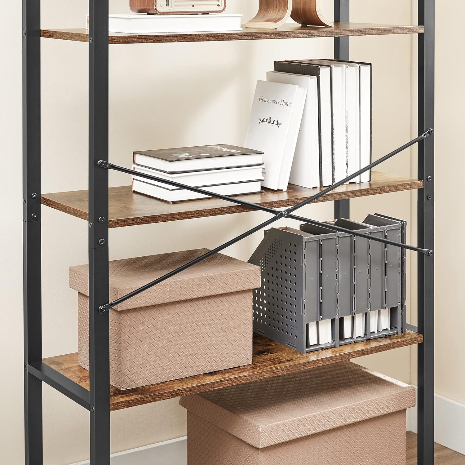 Modern Design 6-Laags Boekenkast – Slanke Opbergkast met Houten Planke Modern Design 6-Laags Boekenkast – Slanke Opbergkast met Houten Planke