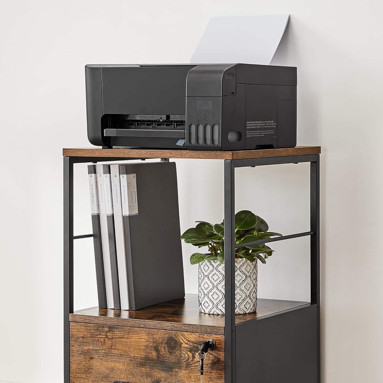 ASK02-W Bureaukast Met Wieltjes, Rolprinterhouder, Organizer Voo Kantoor Opbergkast Met Laden 72 X 40 X 54 Cm Wit