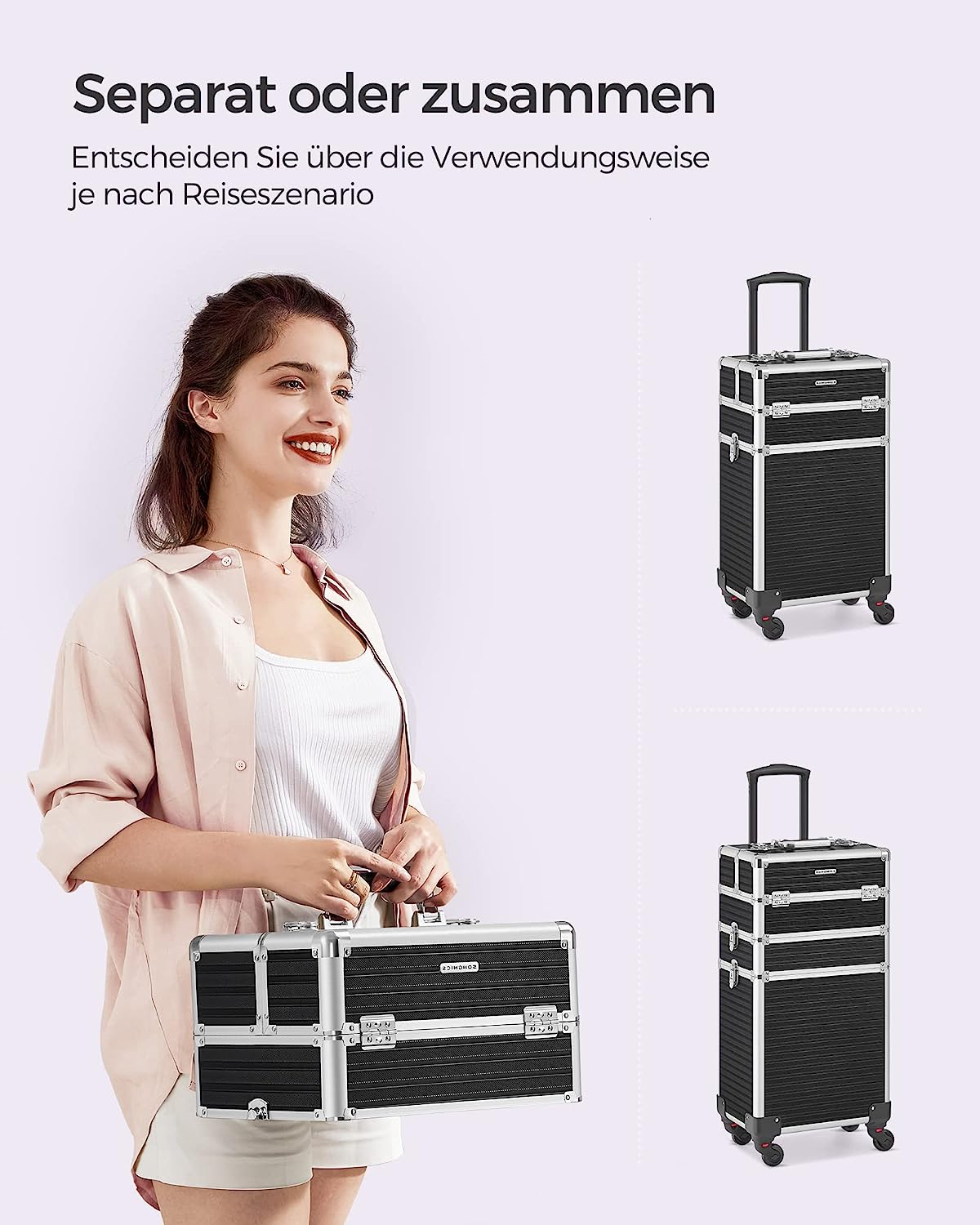 Make-upkoffer met led, met licht, professionele trolley met 4 wielen, verlichting en spiegel voor make-upstation, kapsalon, beautytrolley, koffer van aluminium, 1 stuk, zwarte plaid, 52x40x22.5cm