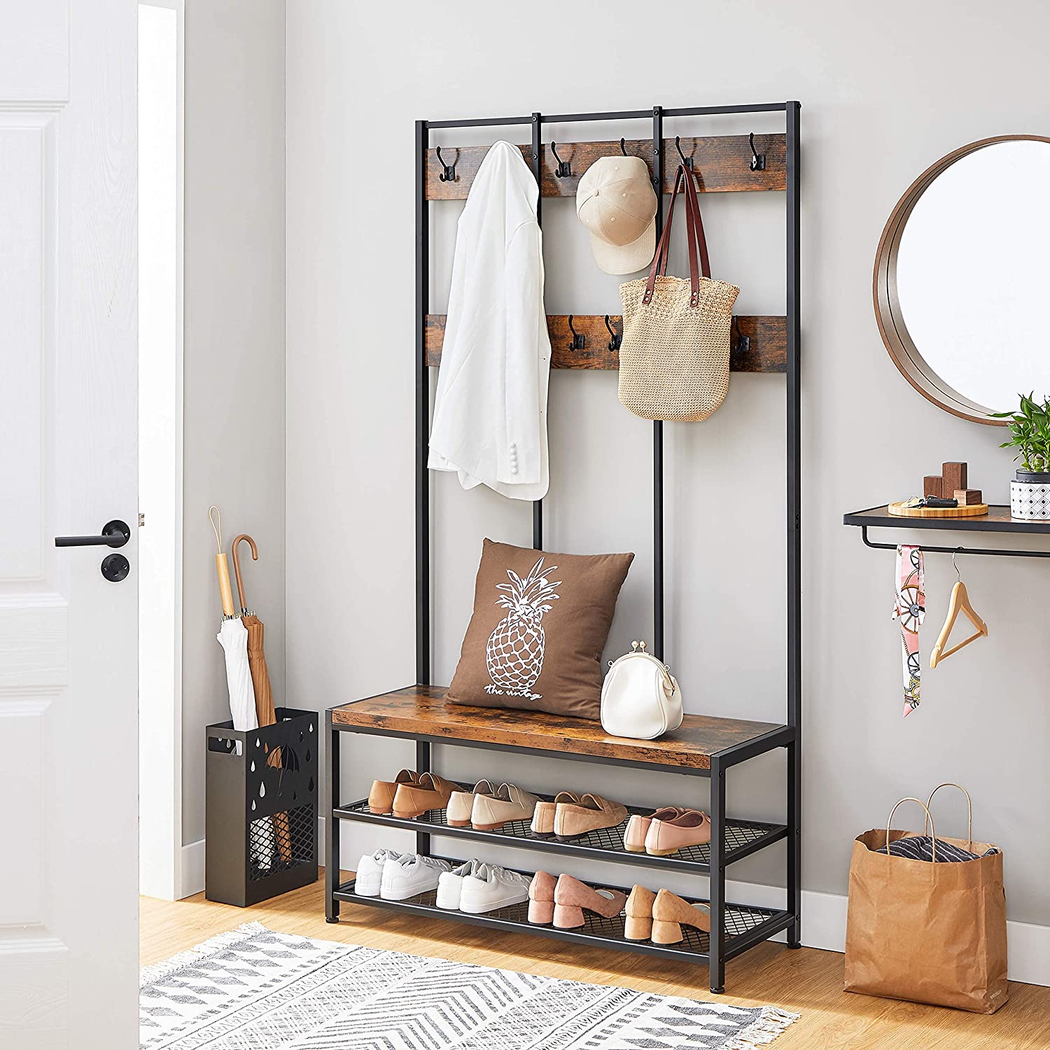 tectake® Kapstok met houten bank, kapstok met 8 haken, 85,5 x 36 x 184 cm, industrieel design, schoenenrek met 2 roosterplanken, zwart metalen frame (industrieel lichtbruin