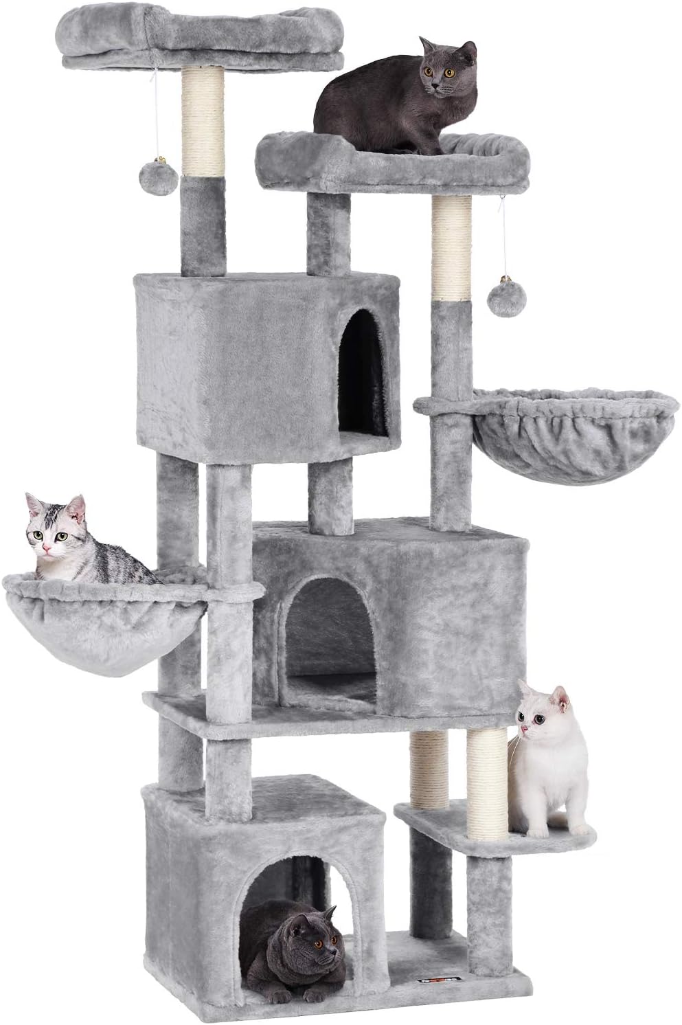 FEANDREA Large Cat Tree with 3 Cat Caves, 164 cm Cat Tower, Light Grey PCT98W