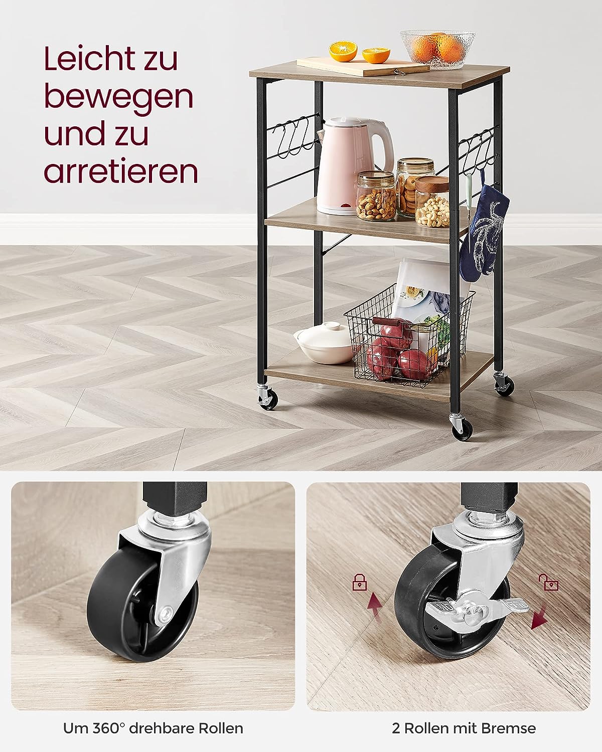 Keukentrolley Opbergruimte KOMFOTTEU Keukenwagen Industrieel – Serveerwagen Met Flessenhouder & Glasrek | 3 Planken, Wieltjes, Rustiek Bruin Keukenwagen Industriële Stijl