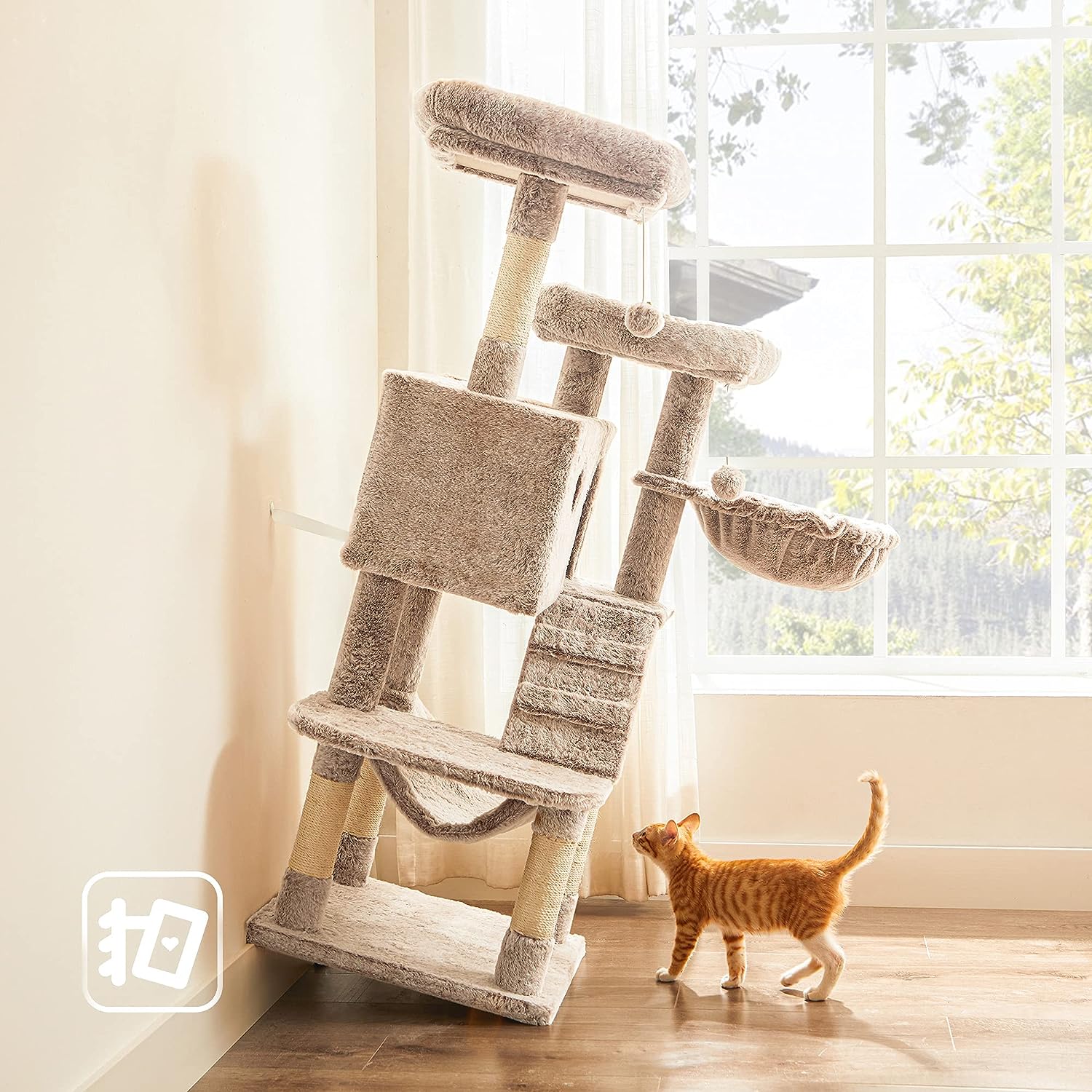 Feandrea Krabpaal, 143 cm hoog, meerlaags kattenhuis met 4 krabpalen, 2 platforms, hangmat, grot Kameel PCT161K01