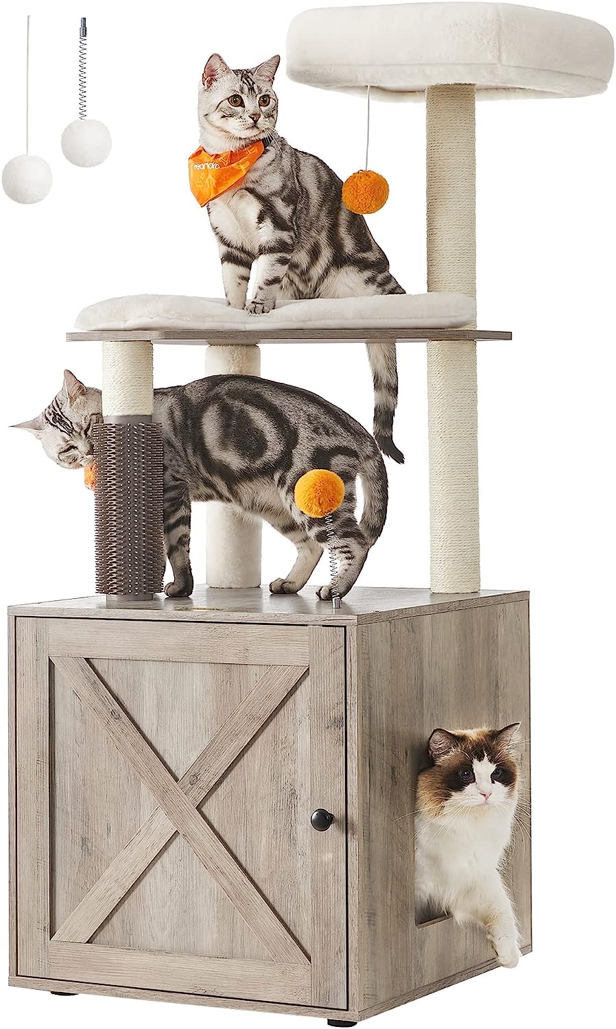 FEANDREA Kattenboom, 138 cm kattenboom, modern, kattenmeubilair, krabpaal met meerdere niveaus, knuffelhol, sisalstammen, hangmat, platforms, zacht pluche, wasbare kussens, Greige PCT164G01