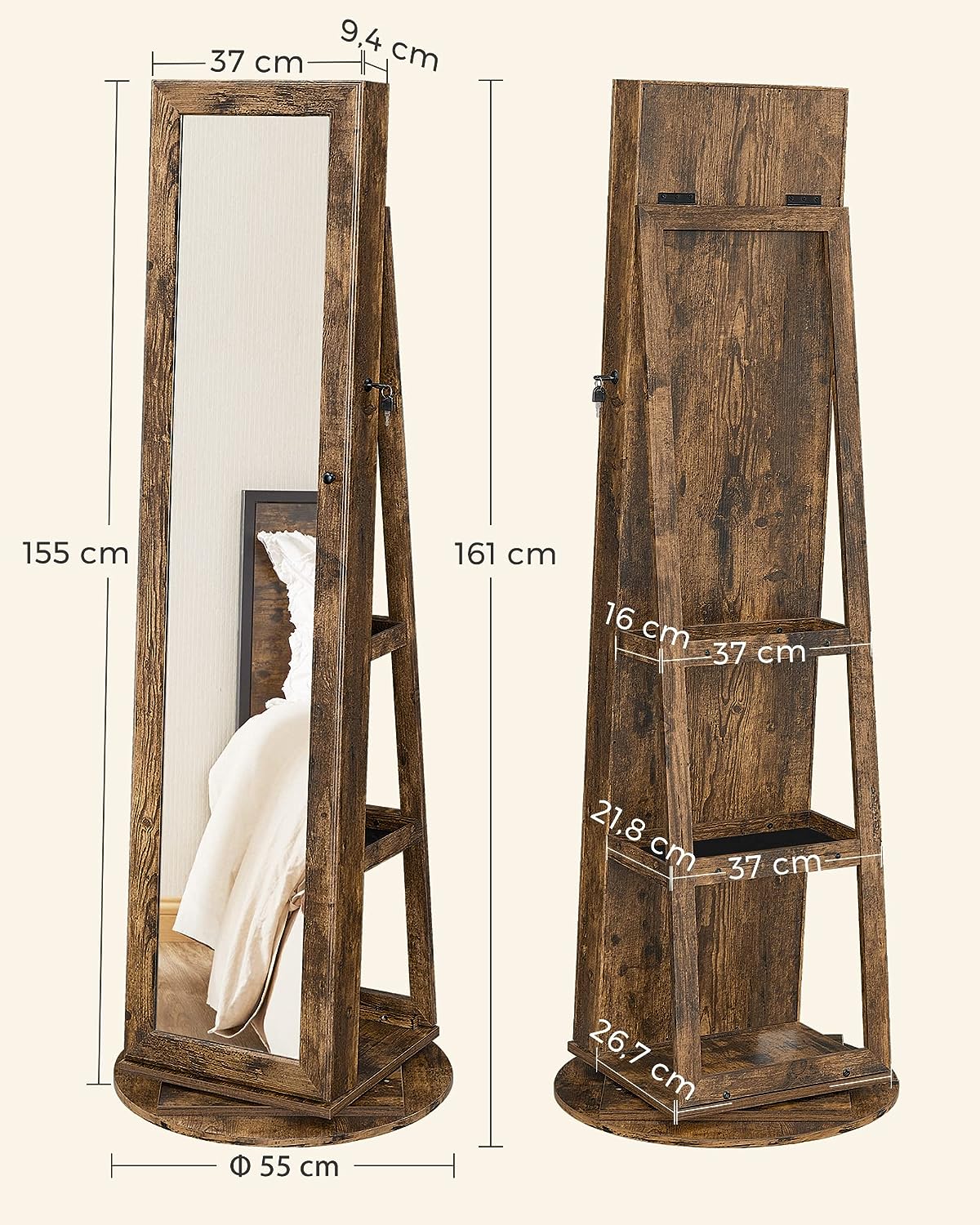 SONGMICS Armario Joyero, Armario para Joyas Independiente con Espejo Entero, Giro de 360°, con Estante y Llave, para Dormitorio, Idea de Regalo, Blanco con Vetas de Gris Claro JBC62W