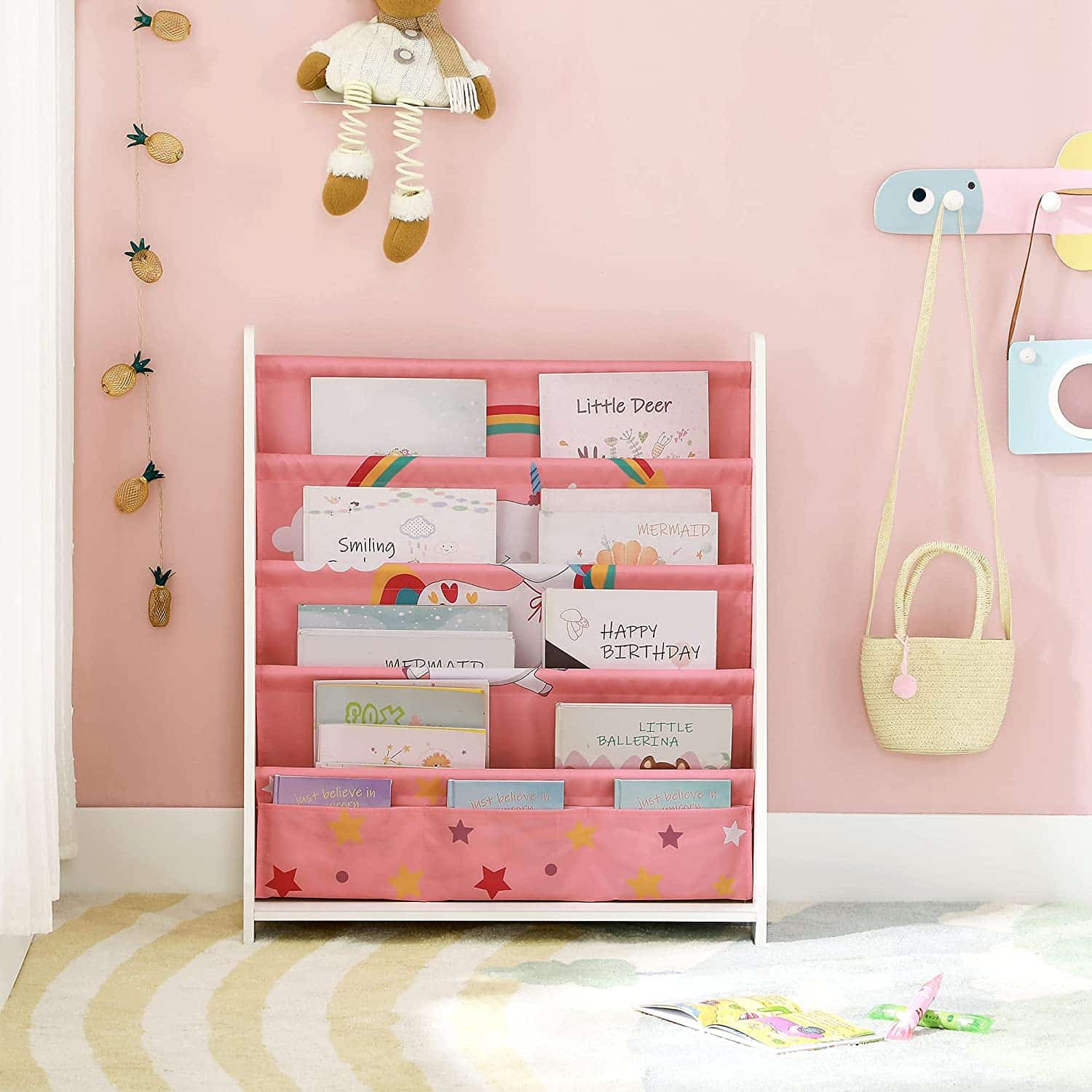 WOLTU Witte boekenkast voor kinderen, draaibaar, opbergkast voor kinderen met 4 niveaus met 2 zijdelingse opbergruimte, in huisvorm, 63 x 59 x 125 cm