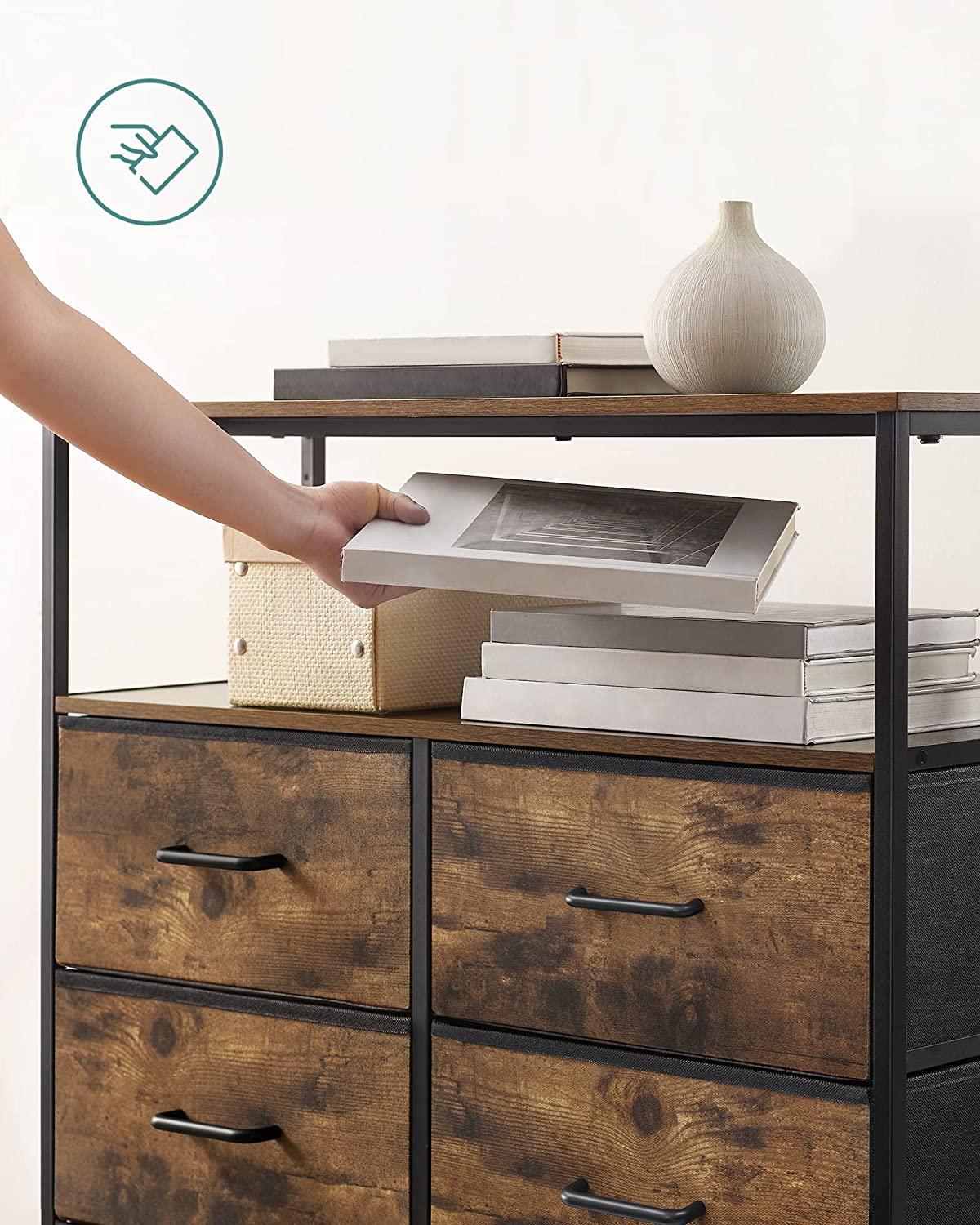 Ladekast 9 laden stoffen dressoir opbergladen handgrepen metalen frame créme