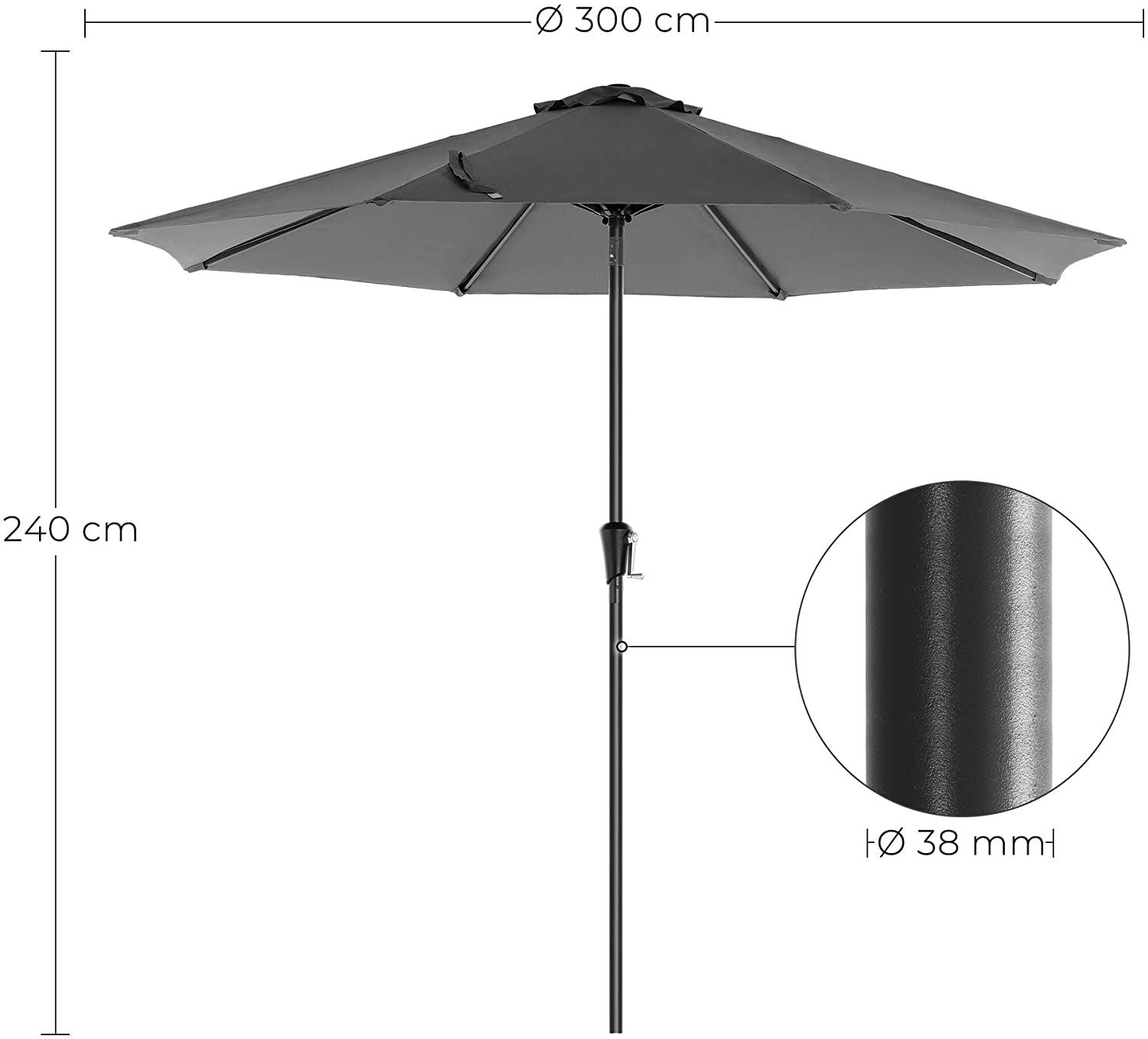 GOPLUS Parasol de Jardin D.300CM-Parasol Patio Droit Inclinable 24 LED Solaire-Poteau Métallique avec Manivelle-Brun(sans Base) - Jardin