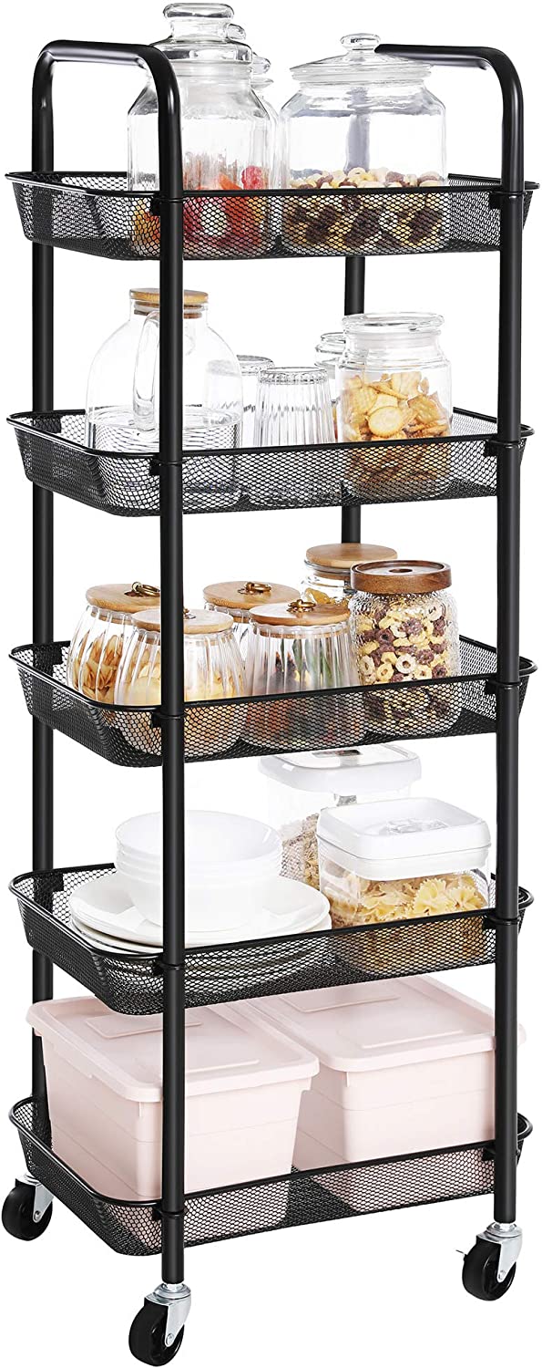 HOMCOM Bijzettafel Op Wielen, 3 Manden Voor Transport En Opslag Keukenwagen 40 8l X 33 5b X 60 5h Cm Zwart~1qld07389r800