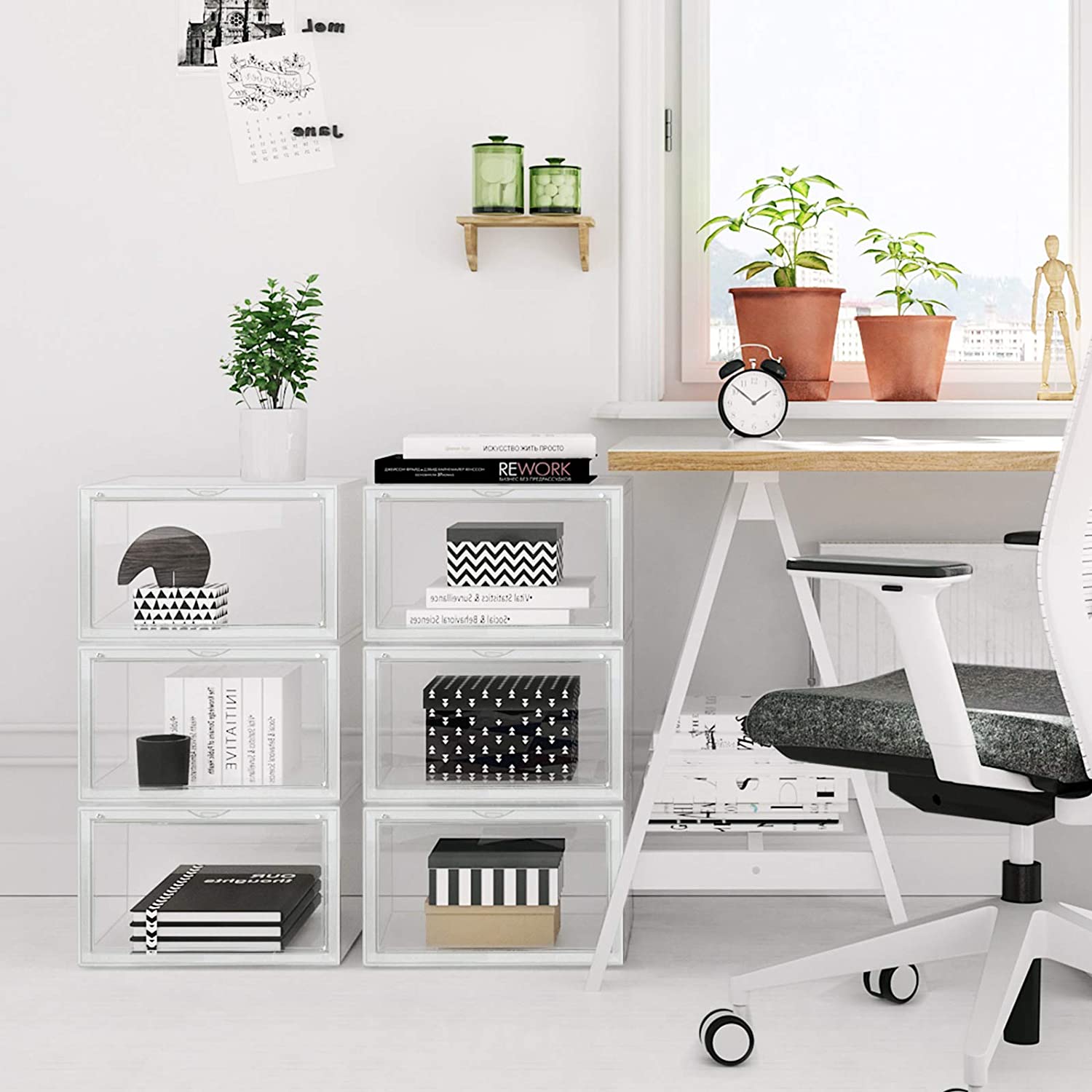 Schoenendozen, Set Van 6, Stapelbare Schoenorganisatoren, Plastic Dozen Met Transparante Deur Schoenopslag Voor Schoenen Tot Maat 46 36 X 28 X 22 Cm Transparant Lsp06cw
