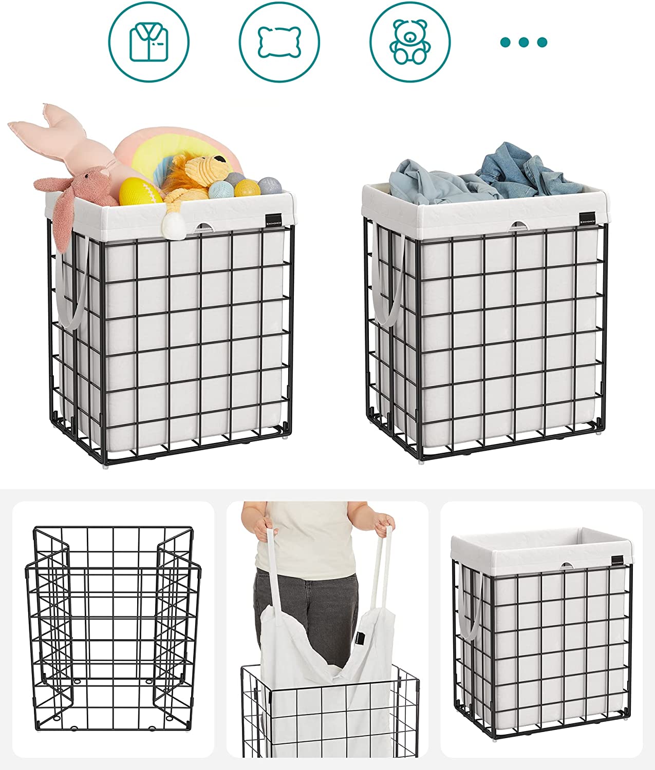 Wasmand 90 L, Opvouwbare Waszak, Afneembare En Wasbare Waszak, Metalen Wasmand 90 L, Opvouwbare Waszak, Afneembare En Wasbare Waszak, Metalen