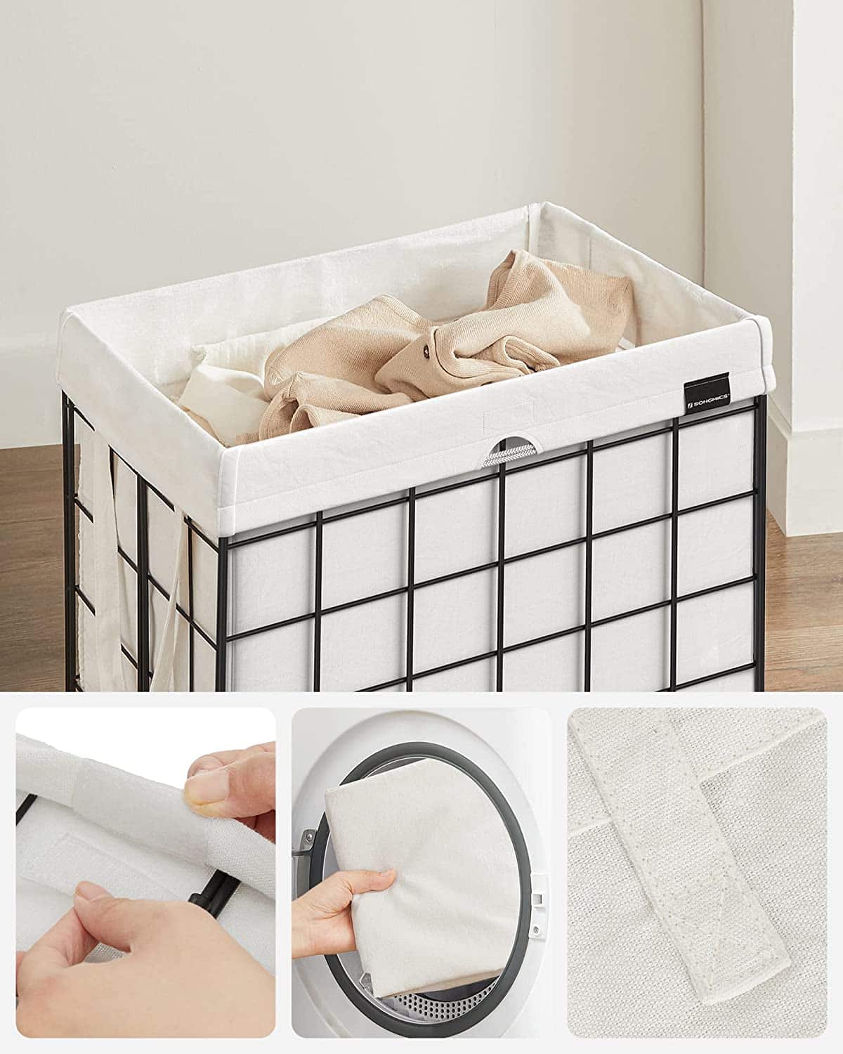 iEGrow Wasmanden van 60 l, hoge wasmanden voor wasgoed met afneembare en wasbare binnenzak, smalle, slanke wasmand met deksel en bamboe handvat voor wasruimte, slaapkamer en badkamer (beige