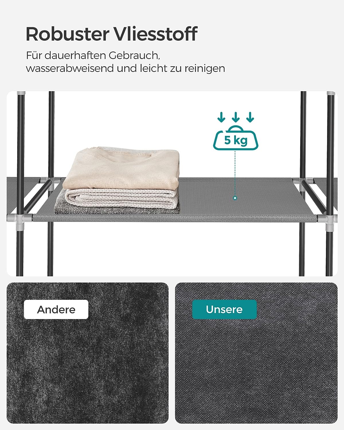 SONGMICS Stoffen kleerkast, kleerkast, 45 x 127 x 176 cm, 2 hangvakken
