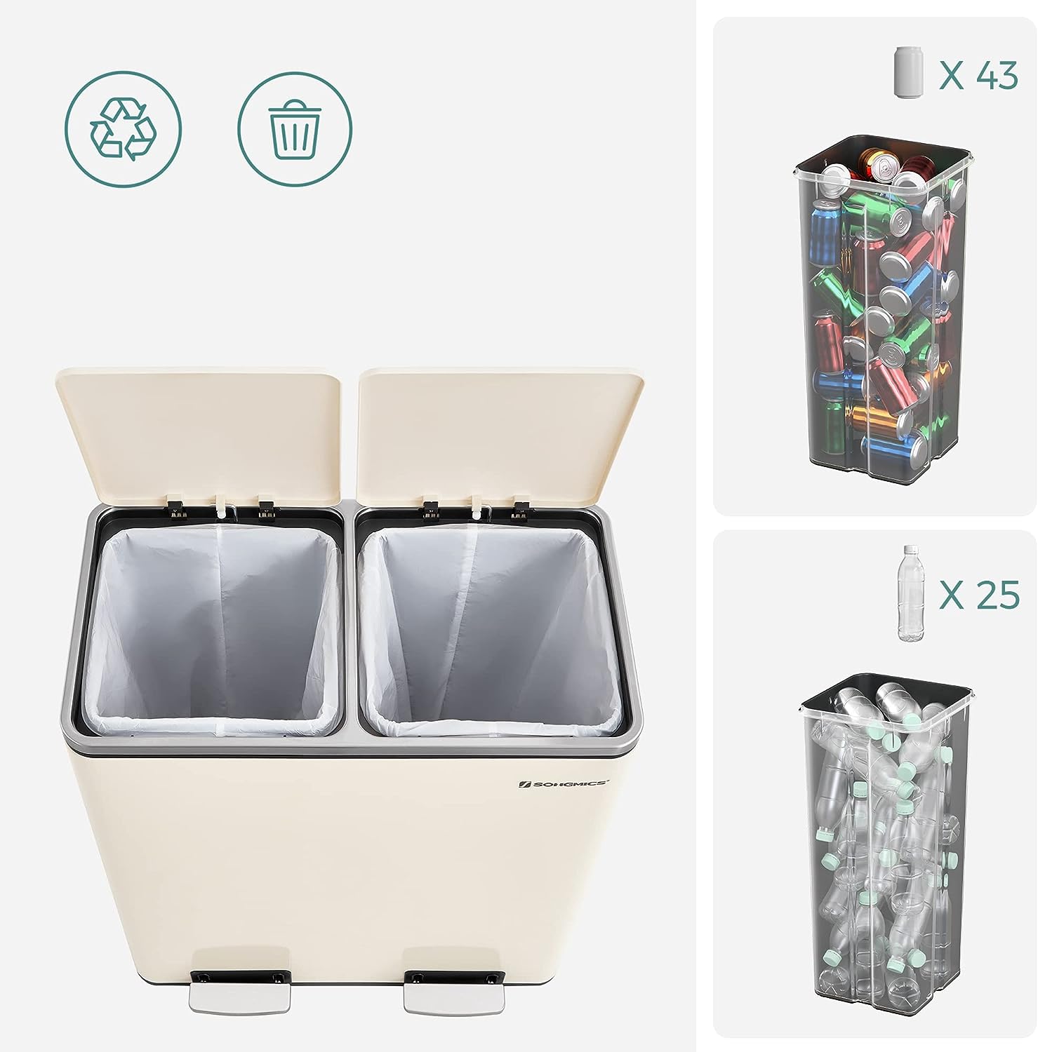 Songmics - Prullenbak - Pedaalemmer - 2 Vakken - 2 X 30 Liter Softclose Deksel Uitneembare Binnenemmers Met 15 Vuilniszakken Zwart 1140523773