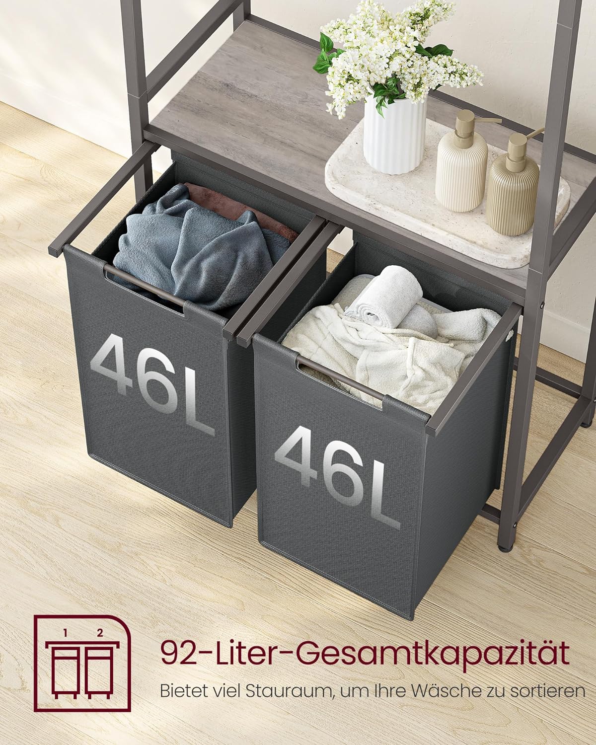 HAUSPROFI Wasmand met 2 vakken met plank, wasverzamelaar met 2 afneembare Oxford-stoffen zakken en metalen frame, vuile wasbak 2 x 46 liter, 73 x 30 x 74 cm (zwart