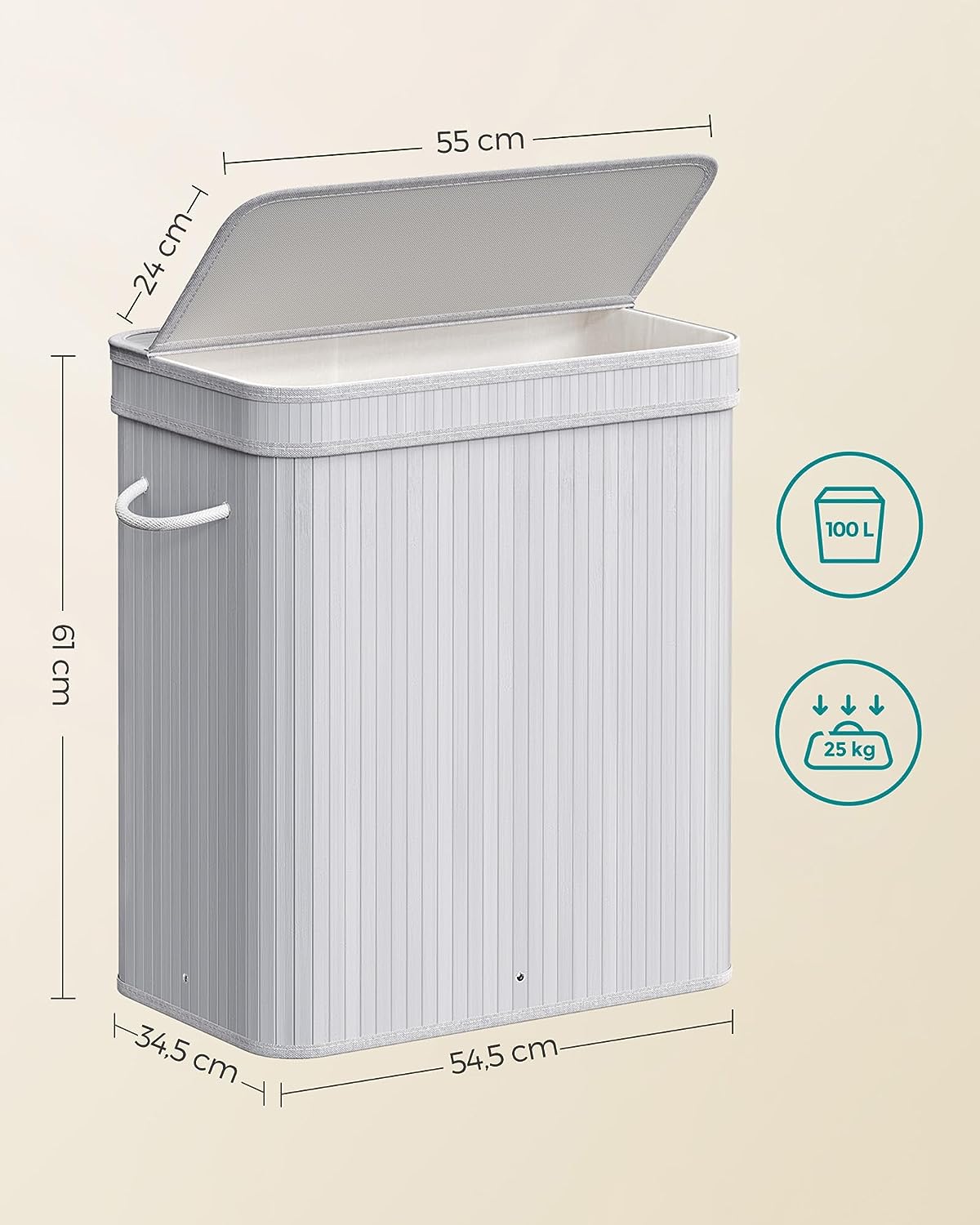 SONGMICS wasmand met deksel, wasmand bamboe, waszak afneembaar en machinewasbaar, met handvatten, 150 liter, voor wasruimte, slaapkamer, woonkamer, naturel beige LCB062N01