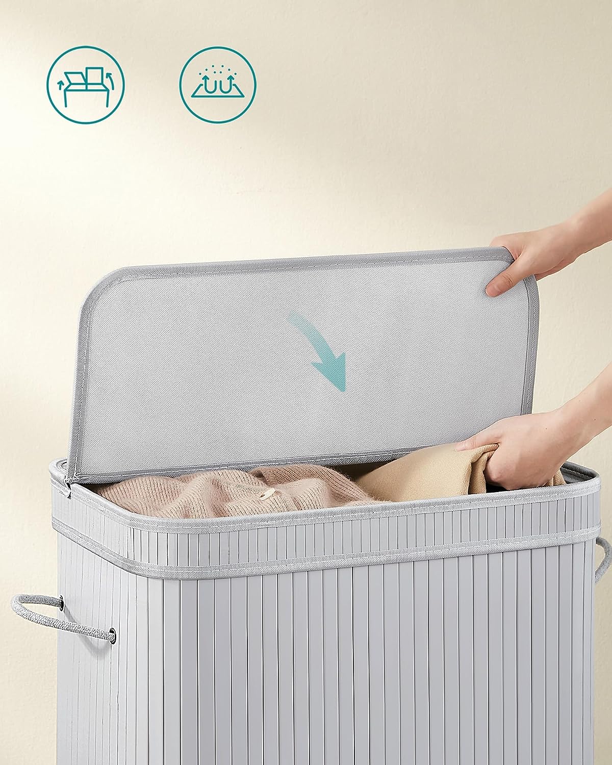 Lifewit 150L Wasmand met Deksel, Wasmand met Bamboe Handvatten en Uitneembare Waszak, Grote Opvouwbare Wasmand voor Slaapkamer, Badkamer, Slaapzaal, Waskamer, Beige