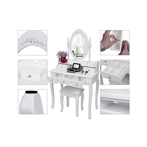 5 Laden dressoir met Spiegel kruk, wit, rdt 15W, Kaptafel