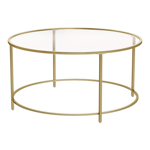 Salontafel, bijzettafel rond, koffietafel, glazen tafel met metalen frame, gehard glas, goud, LGT21G