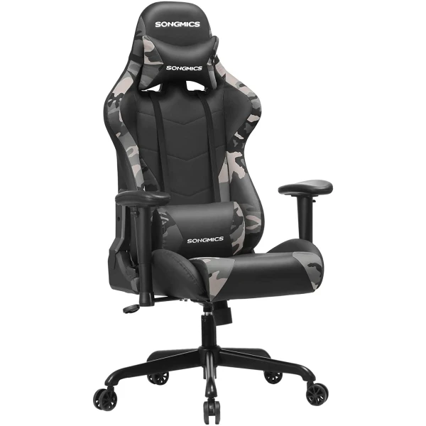 SONGMICS Gaming chair 150 kg, bureaustoel, bureaustoel met lendenkussen, stalen frame, hoge rugleuning en brede zitting, in hoogte verstelbaar, ergonomisch, kunstleder, camouflagekleur